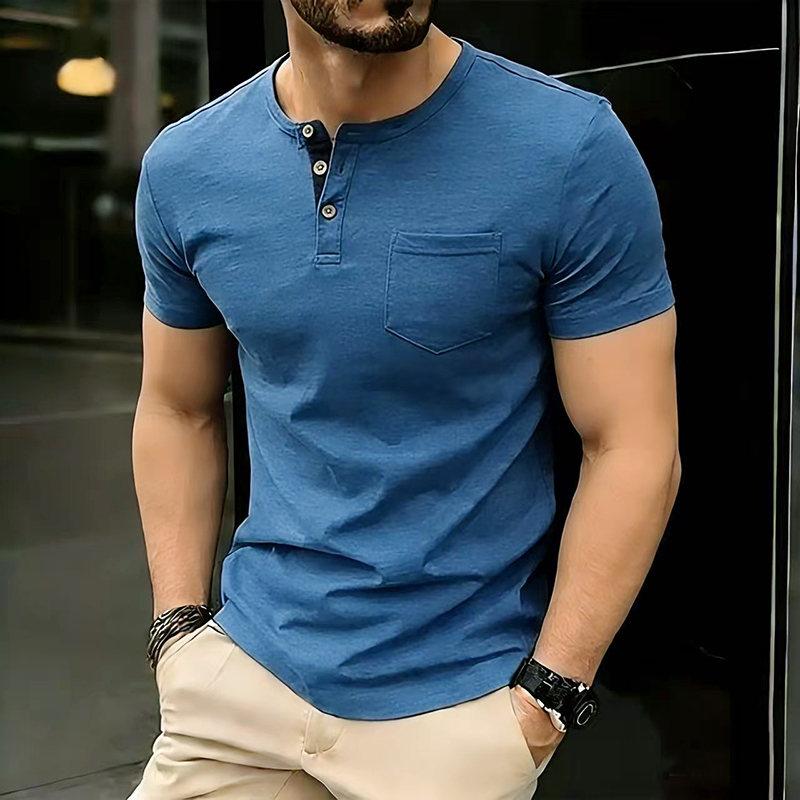 Men's Summer Solid Color Pocket T-Shirts Button Henry Collar Casual Daily Office Short Sleeve Top Tees Hip Hop Streetwear Tee
