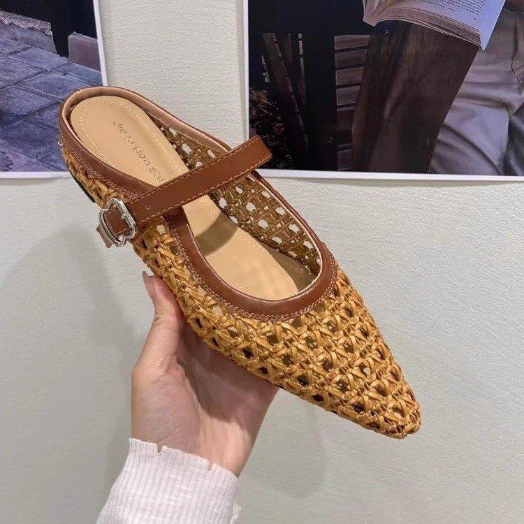 Внутреннее увеличение высоты, тканая сумка, голова, полушлепанцы, женские, летние, ретро-мода, уличная одежда, простые полые остроносые тапочки на танкетке, прохладные тапочки