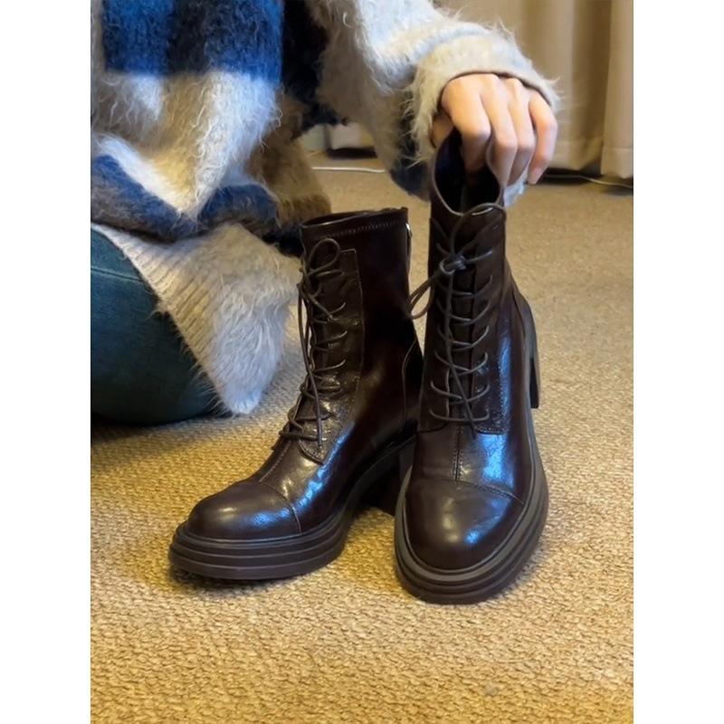 Cowhide Version~ Thick-soled High-heeled Martin Boots Femininity Versatile Leather Thin Boots Retro Rear Zipper Heightening Short Boots
