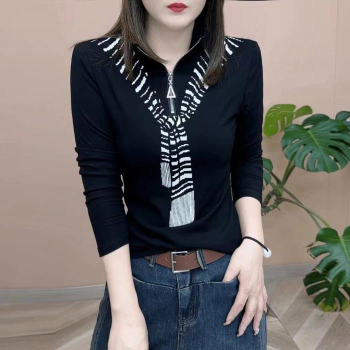 Весна и Осень Новая Модная Однотонная Повседневная Приталенная Базовая Рубашка с Длинным Рукавом на Молнии с Лацканами