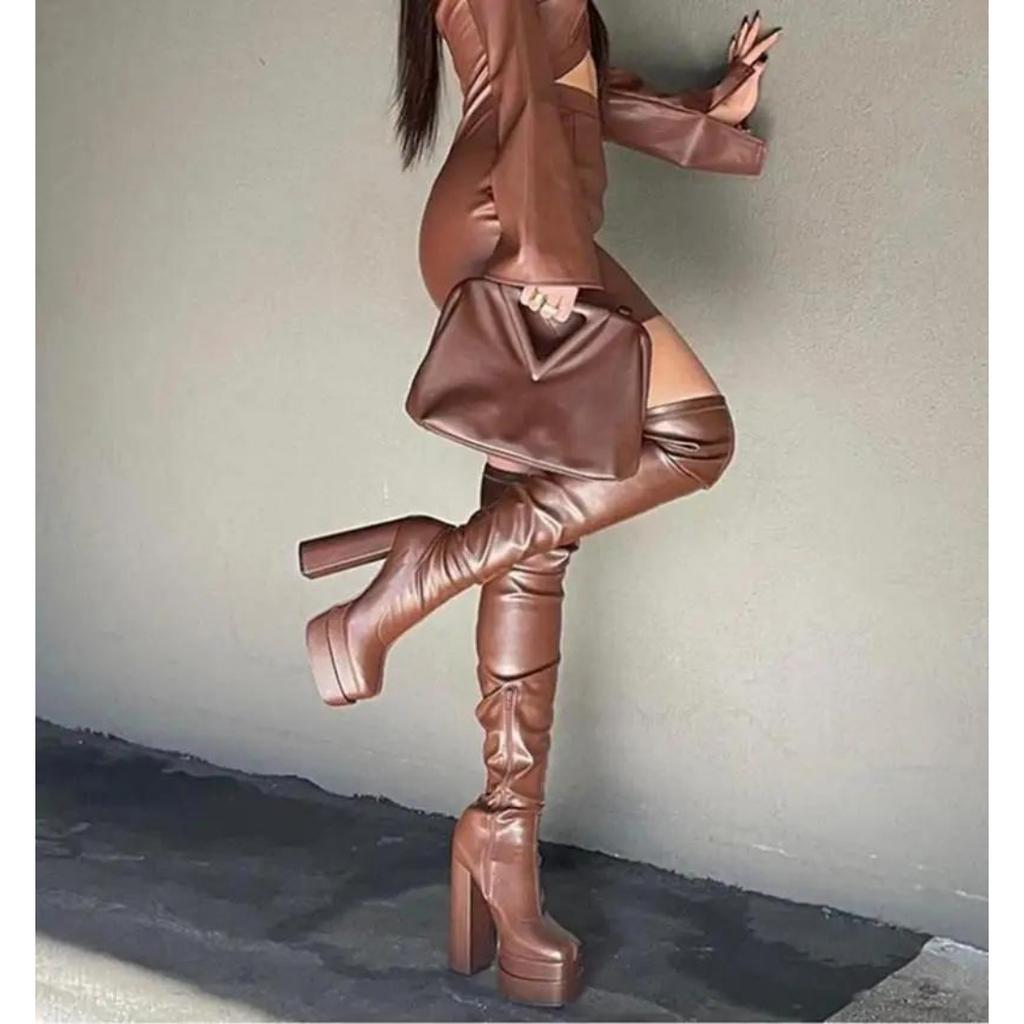 Bonjomarisa Женские высокие сапоги на двойной платформе с высоким каблуком, сапоги выше колена, сексуальные длинные туфли на молнии, сапоги для женщин