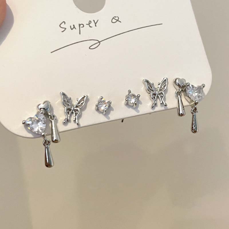 Korean Pink Heart Butterfly Flower Stud Earrings for Women Girls Sweet Cute Mini Small Circle Piercing Earrings Set Jewelry