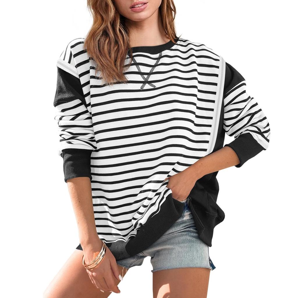 Большие толстовки для женщин свободного кроя с круглым вырезом в полоску с цветными блоками и длинными рукавами