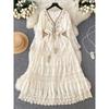 Palace Style Mesh Crochet V Neck Tassel Dress