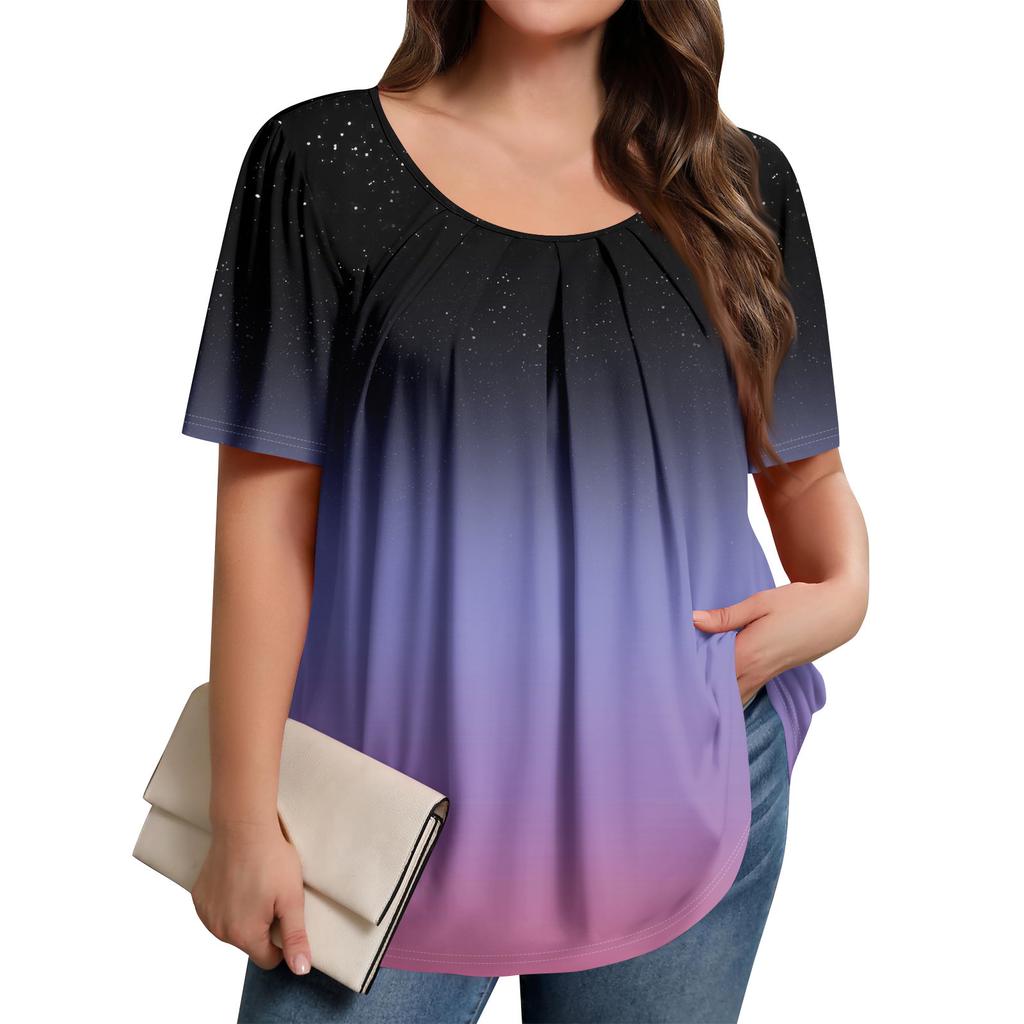 Плюс Размер Женский Повседневный Круглый Вырез Плиссированный Короткий Рукав Однотонный Топ