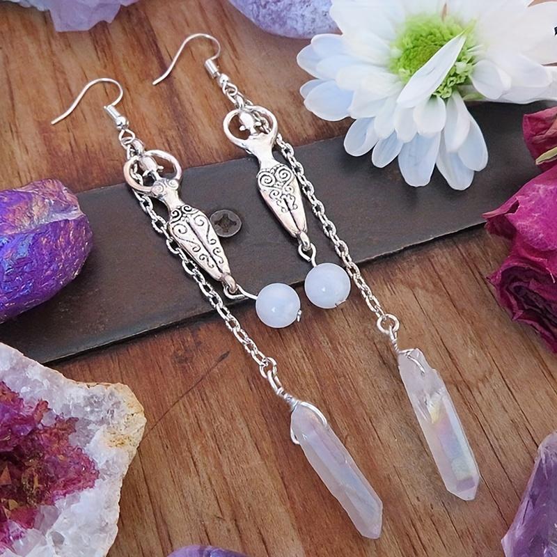 Angel Halo Goddess Chain Design With Natural Stone Decor Dangle Earrings Alloy Jewelry Elegant Style Reiki Energy Accessories