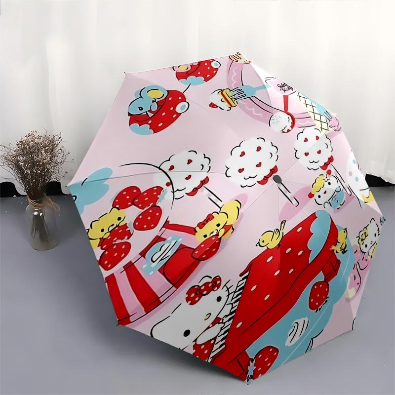 1pc Hello Kitty Strawberry Festival Automatic Opening/Closing Umbrella - Portable Three-Fold Design with 8-Bone Iron Frame, Outdoor Umbrella for Fans,