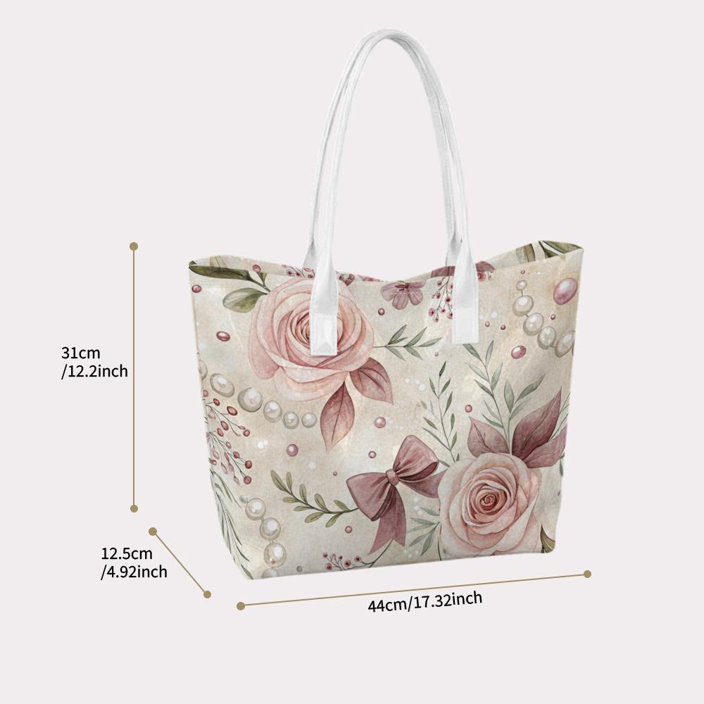 Elegant Rose Pattern Casual Tote Bag For Women Daily Use Large Capacity Shoulder Handbag Perfect For Shopping Outing Commute