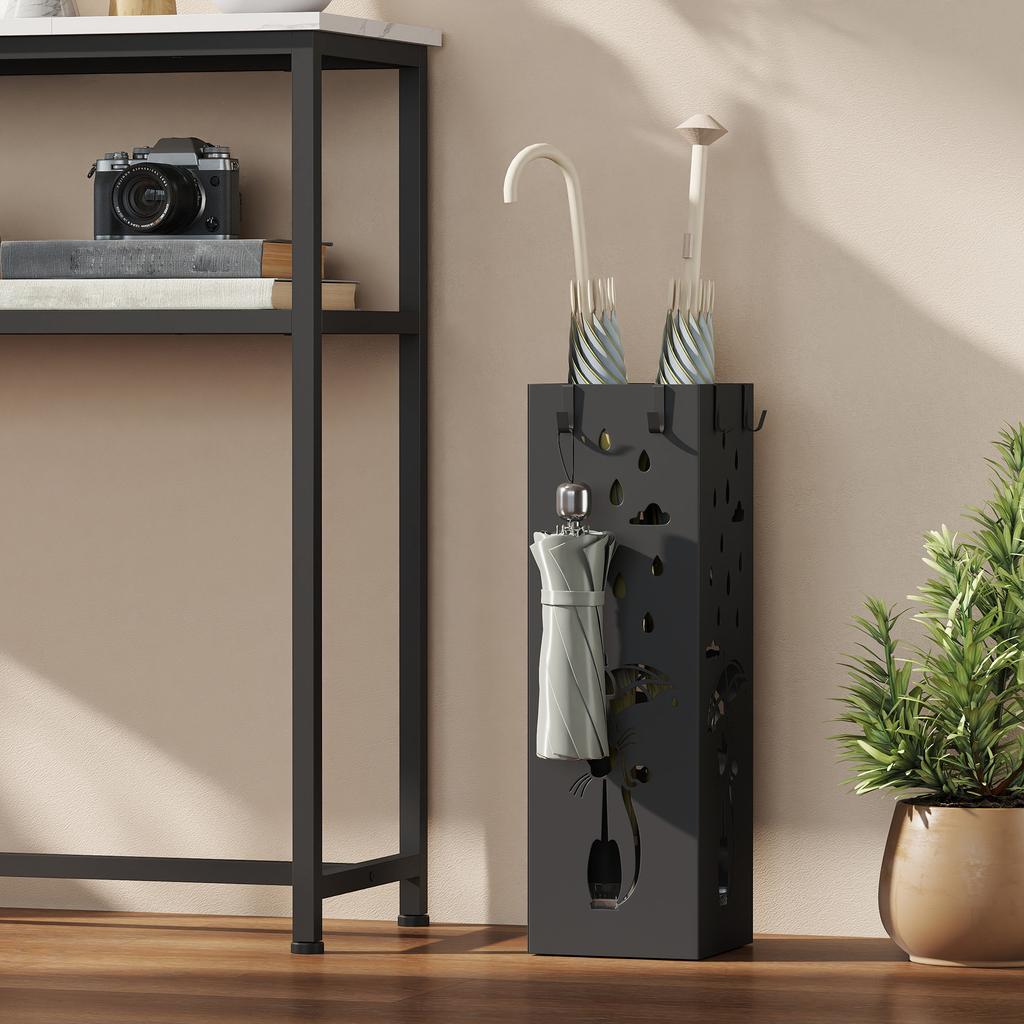 Stylized Square Umbrella Stand in Metal with Removable Drip Tray and 4 Hooks, 15.5x15.5x49 cm, Black