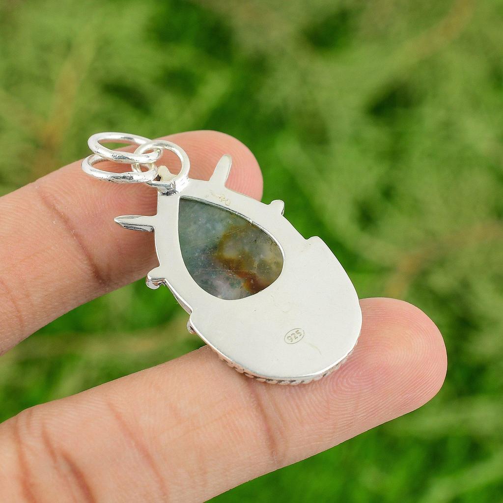 Daughters Day Sale Pear Solar Moss Agate Stone Engagement New Pendant 925 Silver