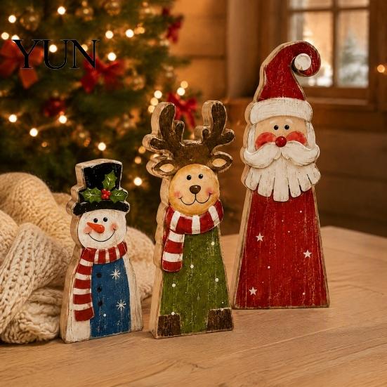 Christmas Blessing Word Sets Wooden Tiered Tray Decor, Santa Reindeer Snowman Figurines Seasonal Window Display Props for Holiday Tabletop Decorations