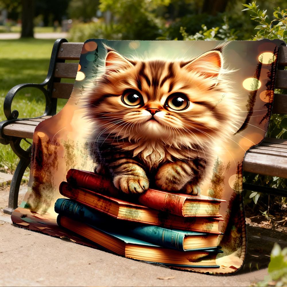 1pc Cat Books Outdoor Blanket - Soft Flannel Cozy for Travel & Camping - All-Season Warm Bed Cover, Machine Washable yy251229103