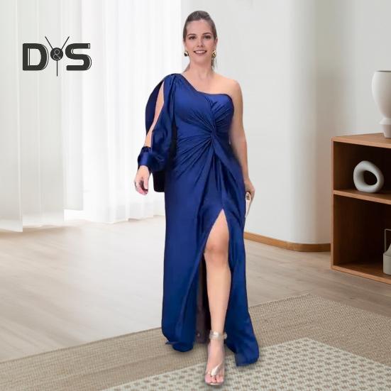 Женское вечернее платье на одно плечо с открытым рукавом, разрезом по низу, однотонное, с тонкой талией, плиссированное, с узлом, однотонное, коктейльное, вечернее платье макси