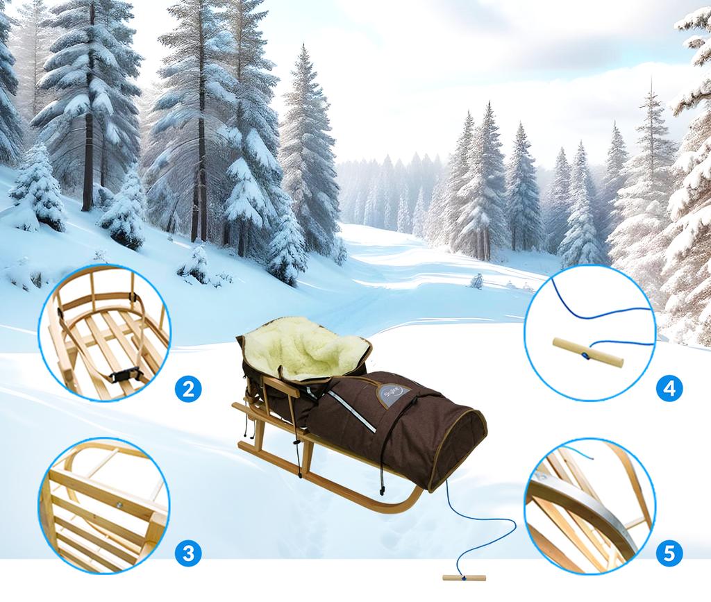 Traditional Wooden Sled With Backrest And Sleeping Bag For Children, Strong Polish