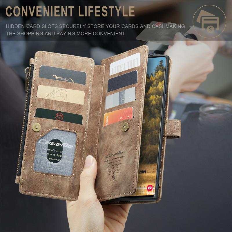 CaseMe Кожаный чехол-книжка для Samsung Galaxy S26 Ultra S25 Edge S24 FE S23 S22 S21 S20 Plus S10 Note 20 Ultra с молнией, кошельком и карманом для карт, чехол