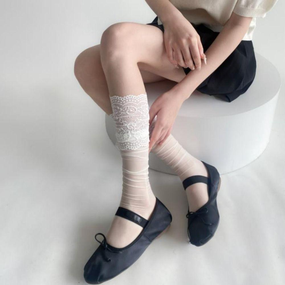 Новые кружевные чулки-гольфы в стиле JK Lolita с кружевной оборкой, прозрачные, ультратонкие, до колена, с цветочным узором, летняя одежда