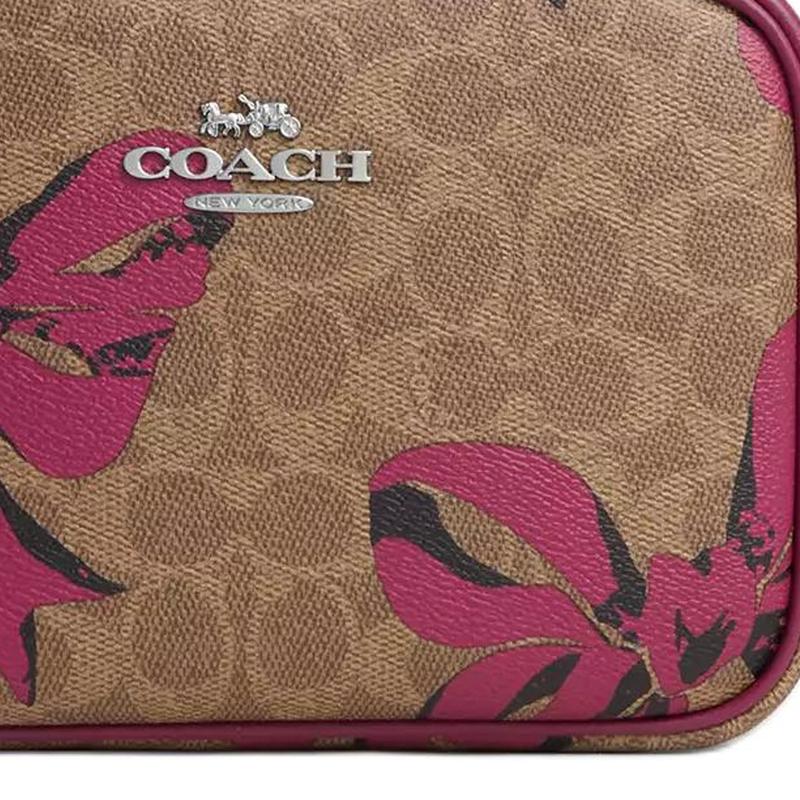 COACH Jamie 22 bow print zipper closure coated canvas camera bag crossbody bag shoulder bag small size women's dark brown with pink