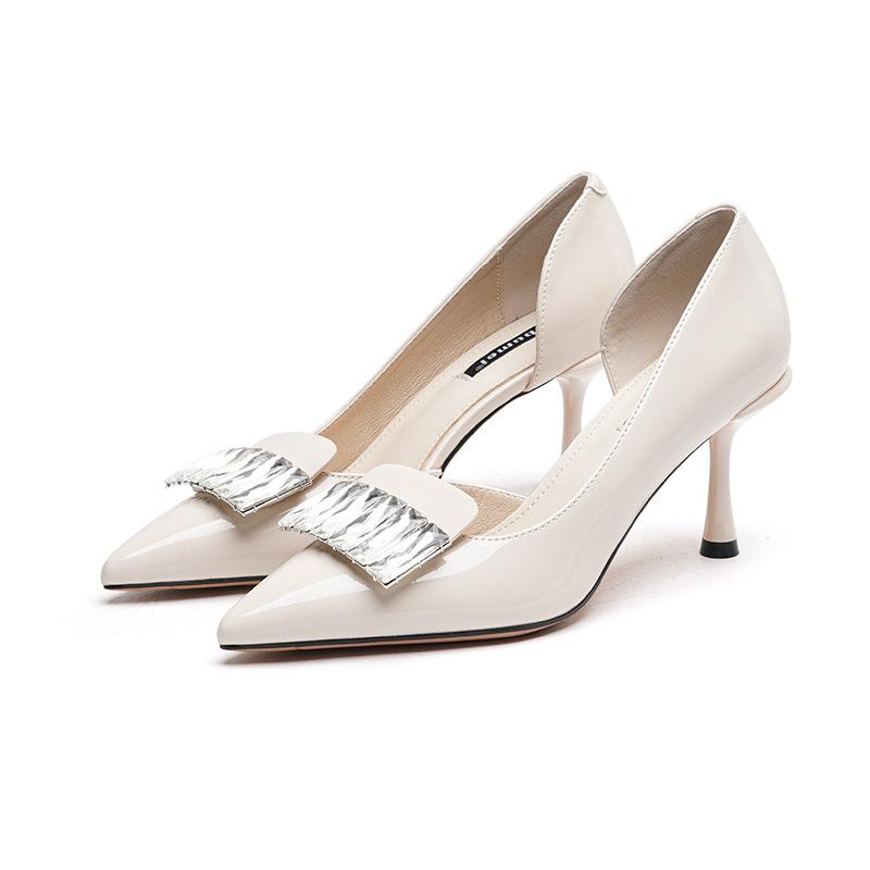 Туфли женские весенние новые лакированные туфли с тонким каблуком и пустым острым каблуком с C-образным вырезом и стразами