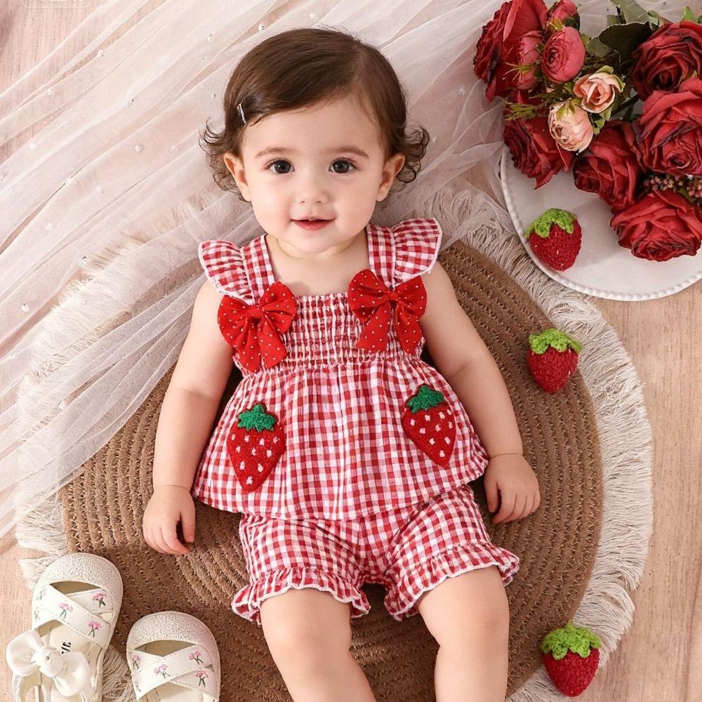 2pcs/set Strawberry Embroidered Toddler Baby Girl Outfit Plaid Bows Toddler Clothes Set 6M-3Y