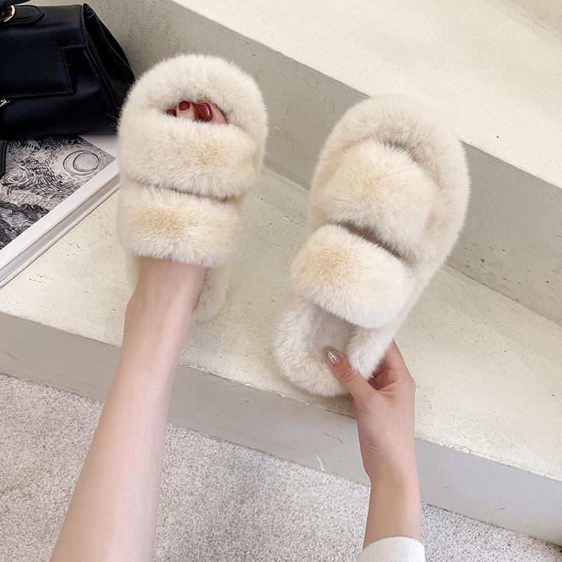 Fashion NEW Design Women Winter House Furry Slippers Women Cross Fluffy Fur Home Slides Flat Indoor Floor Shoes Ladies 2024