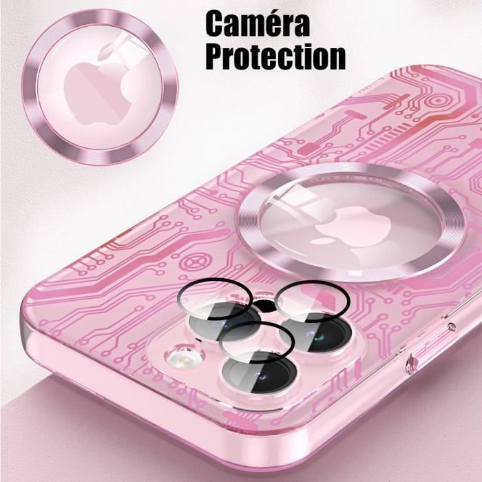 Coque pour iPhone 15 - Translucide - Motif Circuit Rose - Antichoc - Protection Caméra Arrière