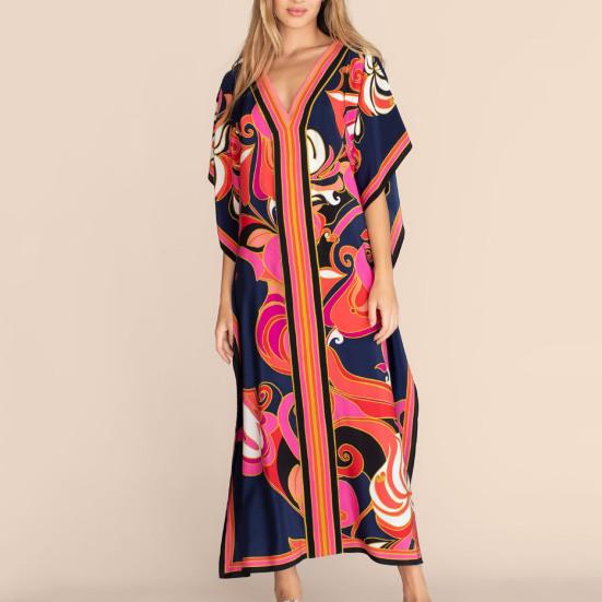 2024 платье-халат с v-образным вырезом и рукавами «летучая мышь», свободное платье до щиколотки, крутое богемное платье с геометрическим принтом, пляжная одежда