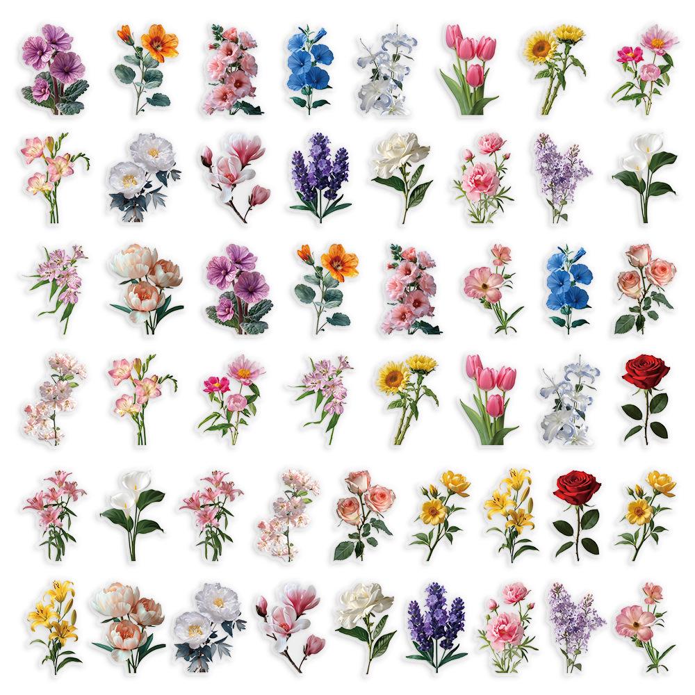 50pcs Transparent Cartoon Plant Flower Stickers - Waterproof Decoration for Phones, Books, and Helmets.