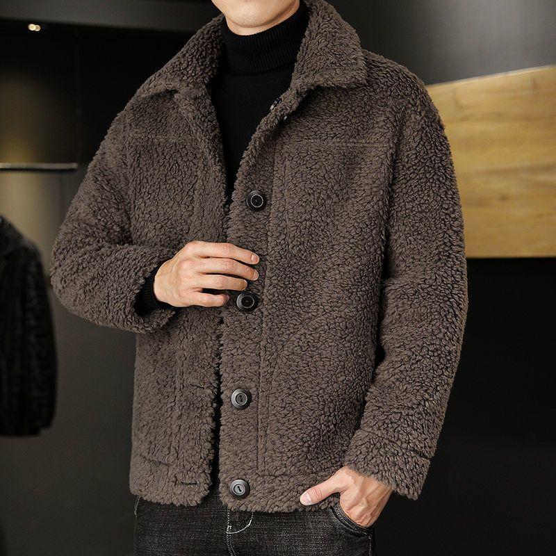 Зимняя мужская меховая цельная куртка с овечьей шерстью, двусторонний лацкан, приталенный топ