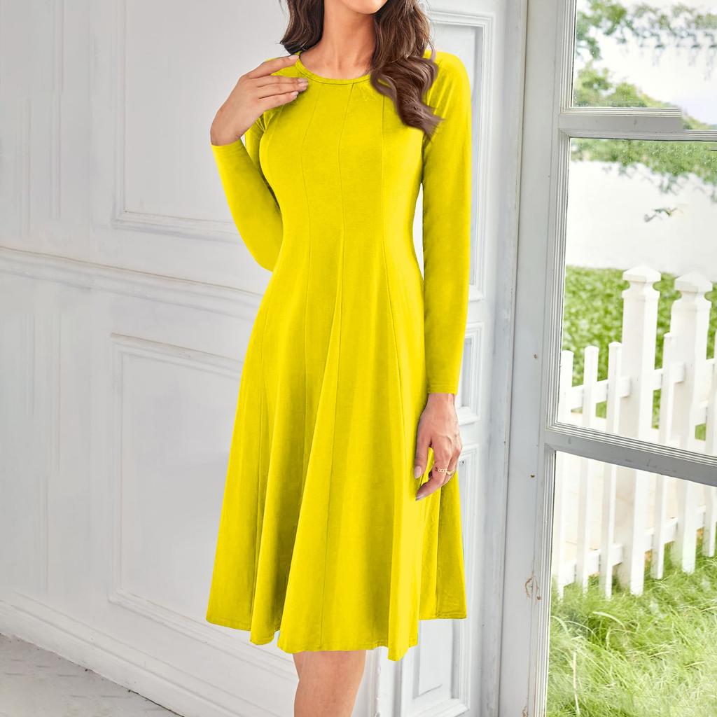 Женское повседневное модное платье миди с круглым вырезом и длинным рукавом
