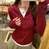 Весенний бордовый облегающий и тонкий топ женская футболка с длинным рукавом на молнии, имитирующая двойку, ретро универсальная базовая футболка