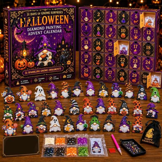 Plastic Craft Supplies 31 Days Gnomes Halloween Rhinestone Painting Advent Calendar, DIY Faux Diamond Art Gift for Teachers Elders Kit, Countdown