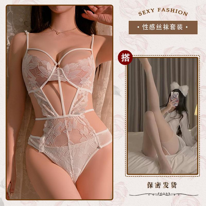 Hollow and thin sexy underwear sexy onesie temptation strap perspective lace free purple n