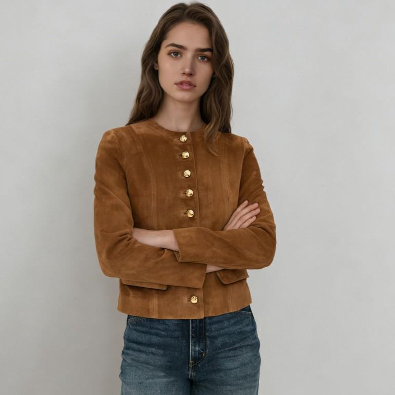 Womens Vintage Suede Blazer Short Single-Breasted Fashion Coat Office
