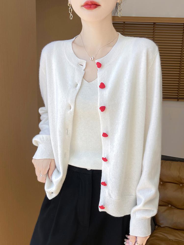 Women's 100% Wool Round Neck Long Sleeve Knit Cardigan with Cashmere Inner Layer