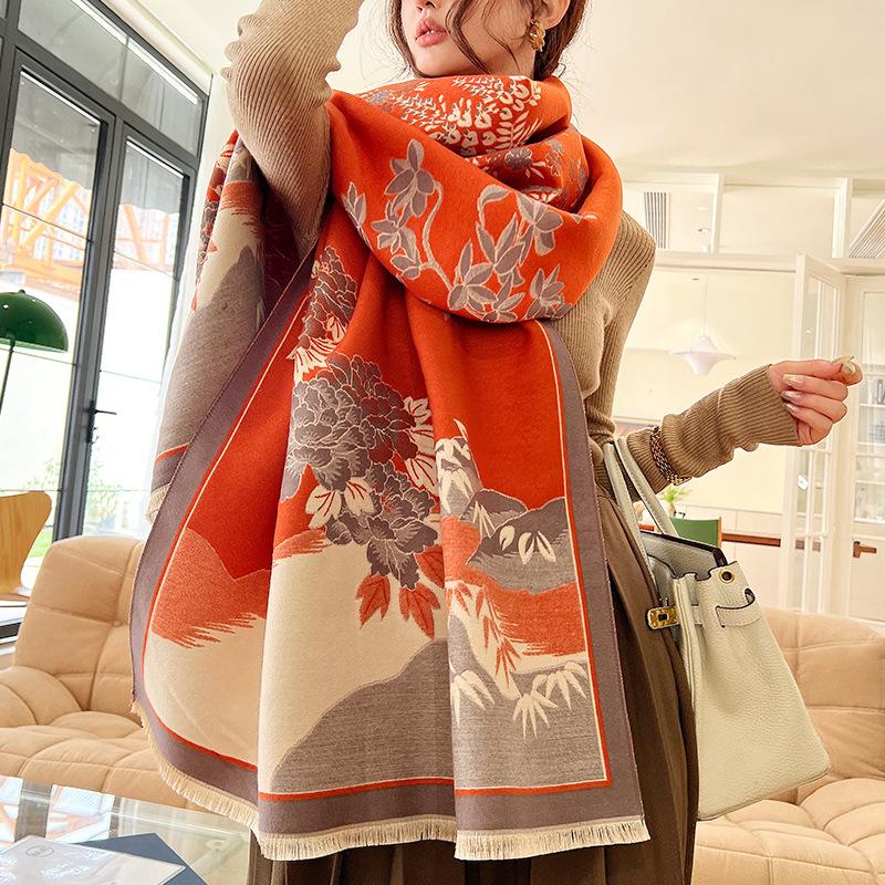 Korean Printed New Fashionable Imitation Cashmere Scarf, Student Dual-purpose Air-conditioned Shawl, Thickened Double-sided Scarf