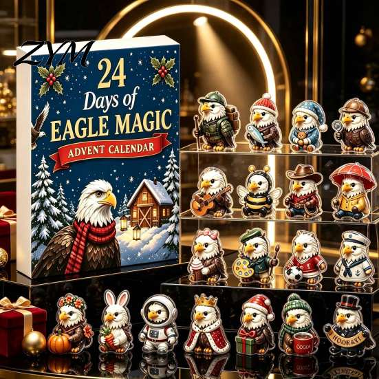 Holiday Countdown Gift Box Eagle Advent Calendar, 24Pcs Acrylic 2D Ornament Set with Mini Christmas Tree Hanging Decorations Cartoon Figures,