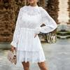 Women Autumn Elegant O Neck Lantern Sleeve High Waist Pleated Short Jacquard Dress