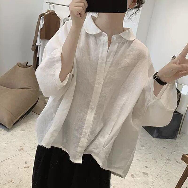 Рубашка из хлопка и льна, женская летняя рубашка в стиле ретро, свободная, утягивающая, с рукавами пять четвертей, тонкий верх, блузки и рубашки