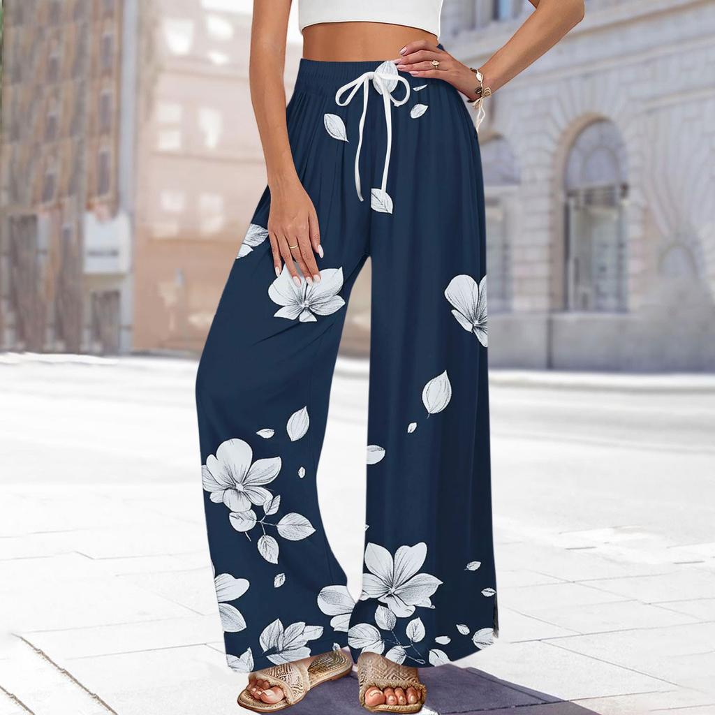 Женские брюки с принтом и широкими штанинами, с карманами, с высокой талией, на кулиске, свободные, повседневные
