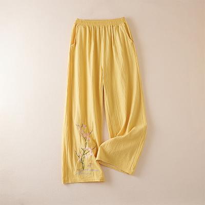 Большие размеры хлопковые и льняные брюки в китайском стиле, летние повседневные брюки с вышивкой в этническом стиле, широкие свободные брюки в стиле ретро для женщин