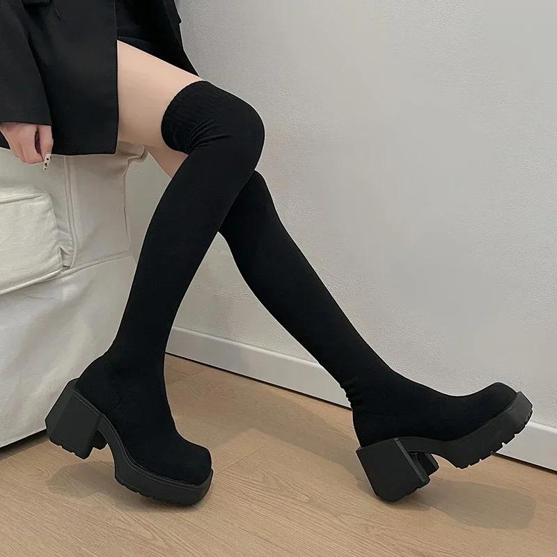High Quality Women's Knee High Boots 2024 Fashionable Stretch Fabric Modern Matching Boots Round Toe Slip On Boots for Women
