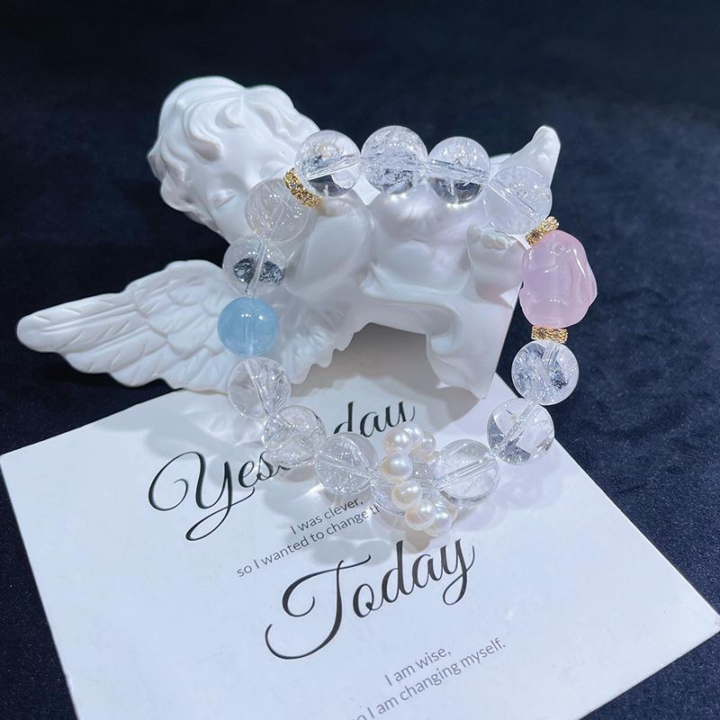 Цяоэнь Аквамарин и Розовый Кварц Белый Азе Крупная Бусина Женский Браслет