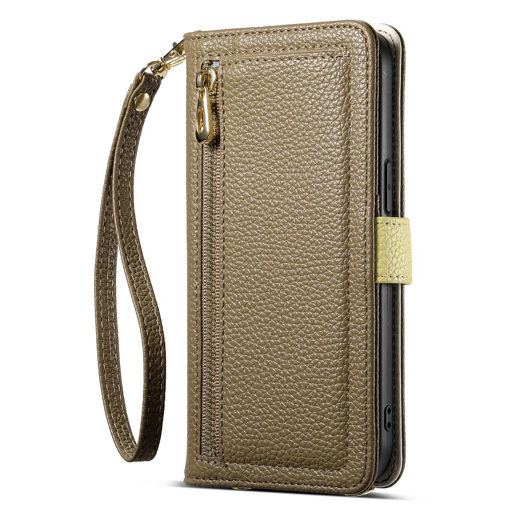 ESEBLE E11 For iPhone 15 Pro Max Case Zipper Pocket Litchi Texture Leather Phone Cover with Mirror and Wrist Strap