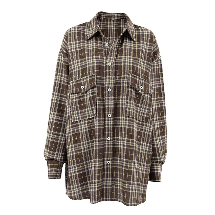 American classic plaid polyester cotton lapel loose casual shirt 1116 European and American autumn fashion new women's cardigan