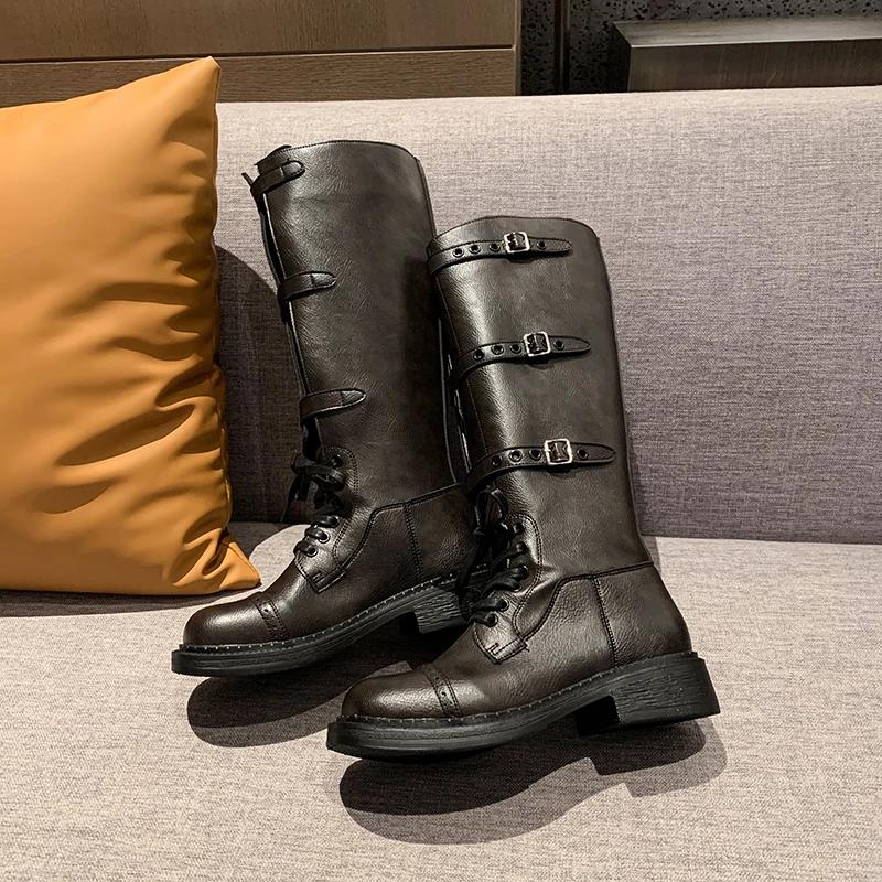 Новые женские рыцарские сапоги с пряжкой в стиле ретро с ремешком, толстой подошвой и толстым каблуком, панк-рыцарские сапоги/мотоциклетные сапоги