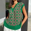 Women Spring Autumn Loose V Neck Sleeveless Knitted Vest Printed Chic Sweater