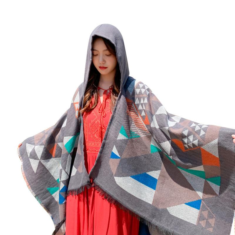 Travel Scarf Dual-purpose Fringed Edge Summer Air-conditioned Room with Hat Cloak Triangular Combination Imitation Cashmere Shawl