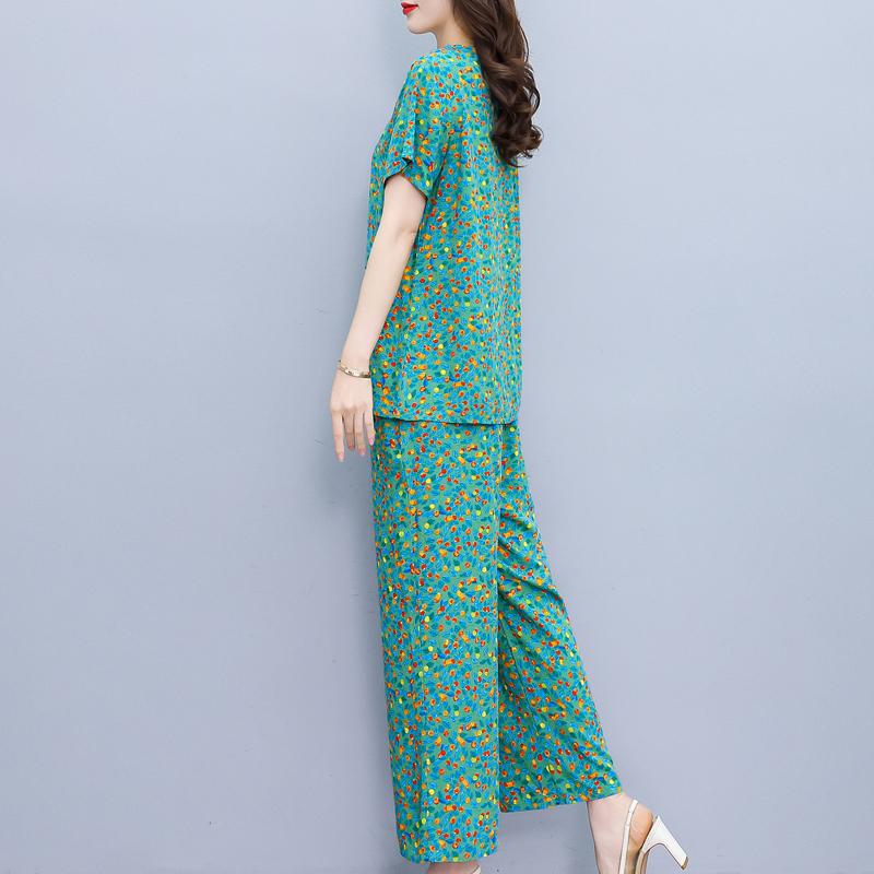 Летние комплекты с широкими брюками больших размеров с винтажным принтом, повседневные элегантные свободные комплекты для женщин, комплект из 2 предметов