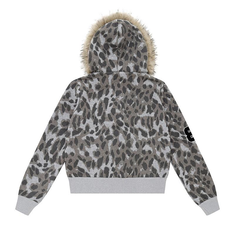 American Vintage Leopard Print Hooded Sweatshirt Loose Casual Cropped Cardigan Jacket Women