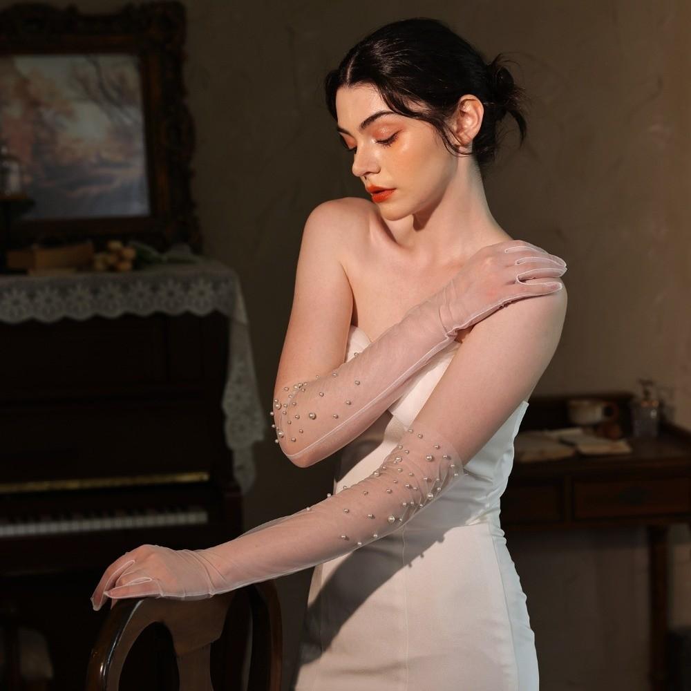 Длинные свадебные перчатки Тюлевые перчатки с жемчугом Винтажные женские свадебные перчатки Вечеринка
